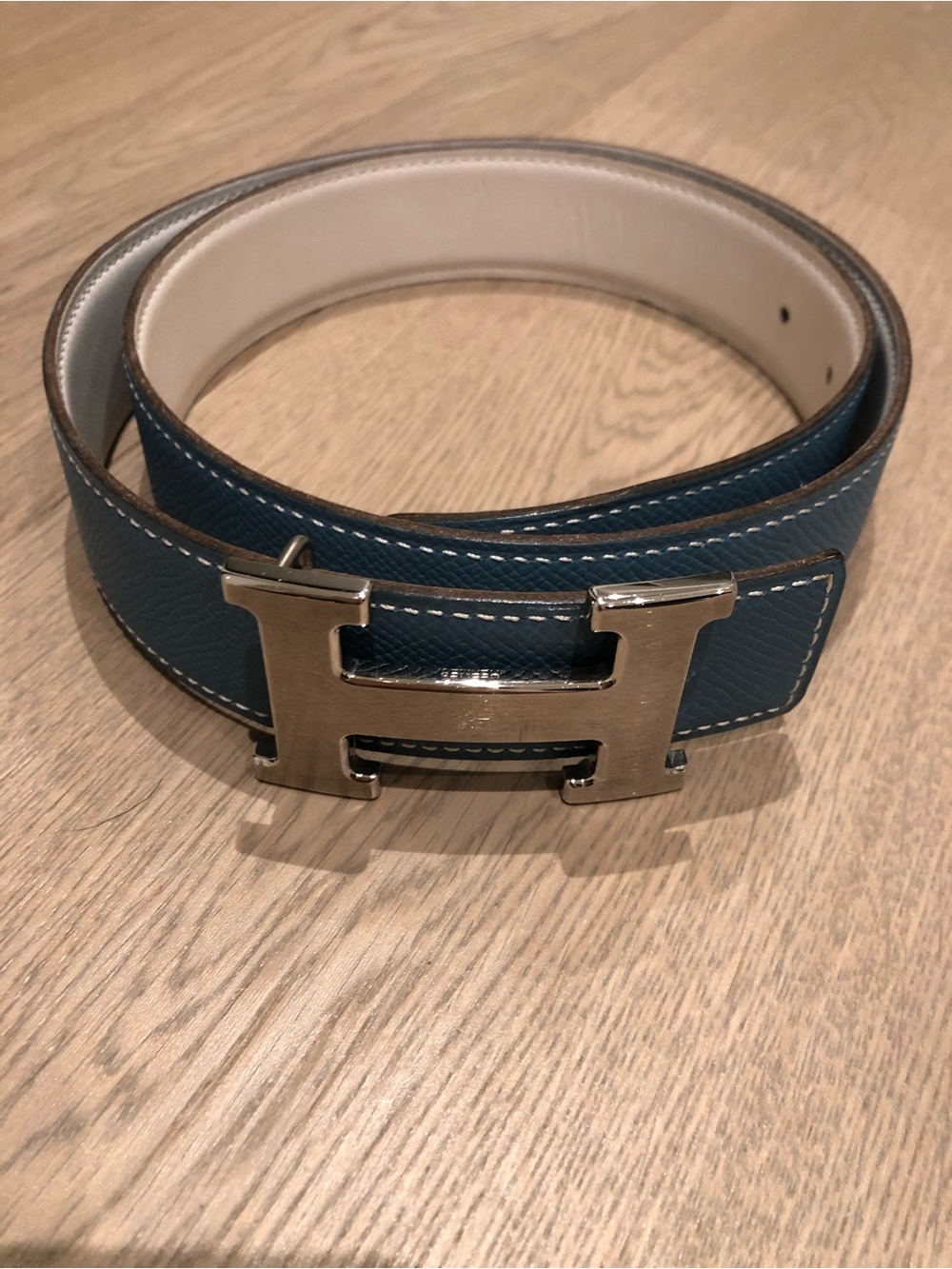Hermes Palladium Brushed H Blue Jean Epsom and Blanc Swift Belt Kit